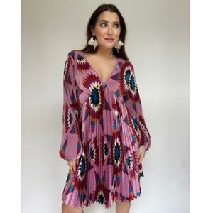 B.Yellowtail RARE Pink Native American Geometric Star Print Pleated Mini Dress M